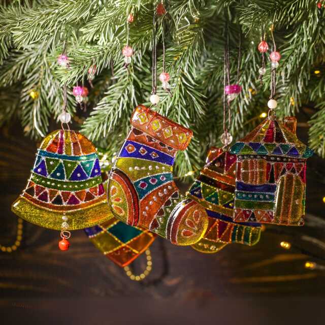 Colorful Winter Christmas Balls Fused Art Glass Set Of 5 Transparent Ornaments - image 1