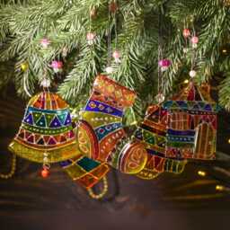 Colorful Winter Christmas Balls Fused Art Glass Set Of 5 Transparent Ornaments - thumbnail 1