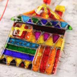 Colorful Winter Christmas Balls Fused Art Glass Set Of 5 Transparent Ornaments - thumbnail 3