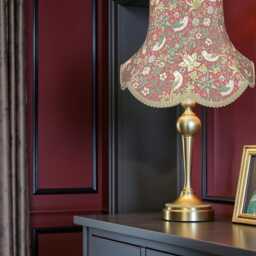Traditional William Morris Crimson Strawberry Thief Lampshade Antique Gold Braid, Handmade in Great Britain - thumbnail 2