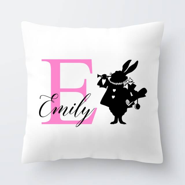 Personalised Girls Alice in Wonderland White Rabbit Cushion Pillow Birthday Present Custom Gift