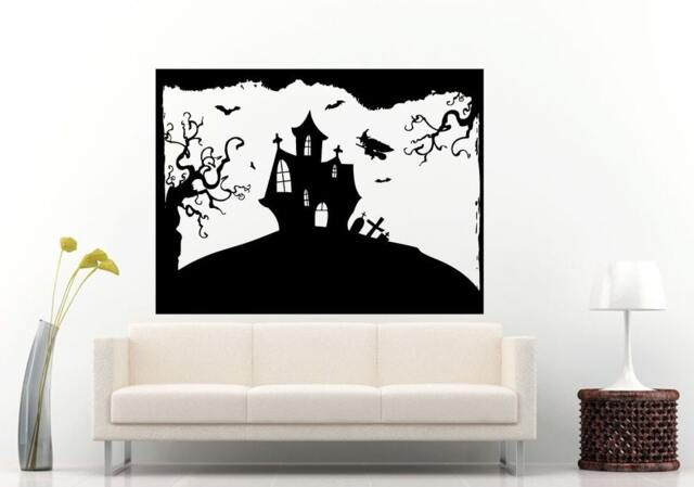 Halloween Holiday Old Mansion House Castle Witch Flying With Bats Scary Trees Woods Wall Decal Vinyl Sticker Mural Room Decor L1081 - image 1