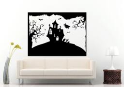 Halloween Holiday Old Mansion House Castle Witch Flying With Bats Scary Trees Woods Wall Decal Vinyl Sticker Mural Room Decor L1081 - thumbnail 1