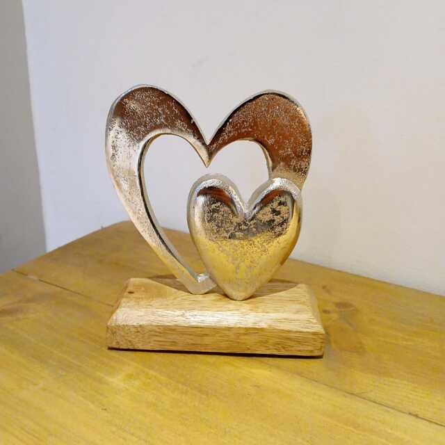 Metal Heart Ornament With Solid & Open On Wooden Base - The Home & Hearts Shop Rustic Shabby Christmas Wedding Gift - image 1