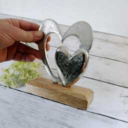 Metal Heart Ornament With Solid & Open On Wooden Base - The Home & Hearts Shop Rustic Shabby Christmas Wedding Gift - thumbnail 3