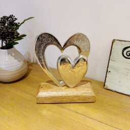 Metal Heart Ornament With Solid & Open On Wooden Base - The Home & Hearts Shop Rustic Shabby Christmas Wedding Gift - thumbnail 2