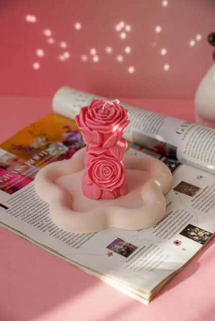 Twin Rose Column Soy Wax Candle, Floral Pillar Romantic Home Decor, Handmade Gift For Her - image 1