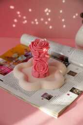 Twin Rose Column Soy Wax Candle, Floral Pillar Romantic Home Decor, Handmade Gift For Her - thumbnail 1