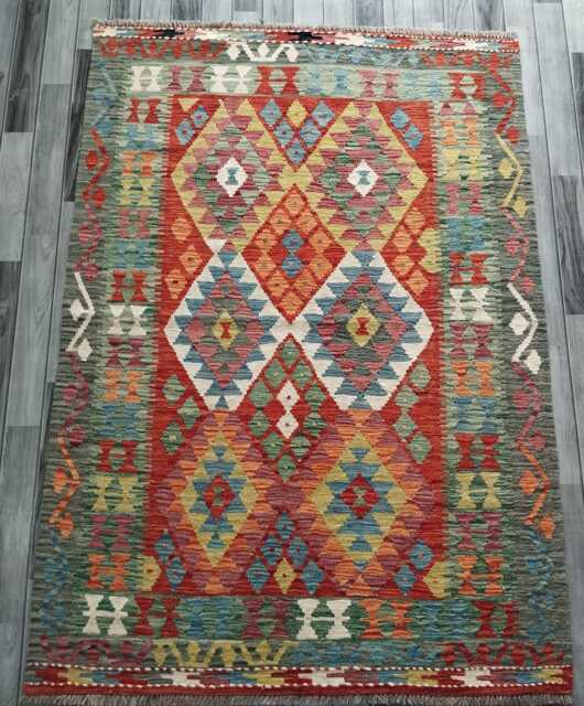 Kilim Rug Multicolour, Handmade Artisan Afghan Turkish, Scandinavian, Navajo, Bohemian Flatweave, Natural Wool 193x139 cm - image 1
