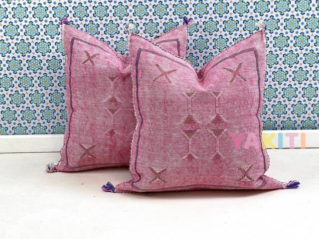 Yakiti-Pink Square Moroccan Pillows 20x20, Aka Cactus Silk Pillow, Decorative Pillows, Sabra Decor Designer Cactus Silk - image 1