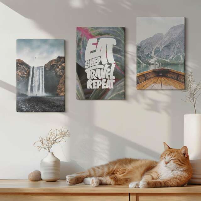 Canvas Art Set Of 3 - Waterfall Mountains Travel Nature Boat & Vegetation, Gray Wall Canvas, Landscapes Decor - image 1