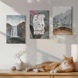 Canvas Art Set Of 3 - Waterfall Mountains Travel Nature Boat & Vegetation, Gray Wall Canvas, Landscapes Decor - thumbnail 1