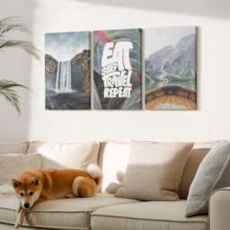 Canvas Art Set Of 3 - Waterfall Mountains Travel Nature Boat & Vegetation, Gray Wall Canvas, Landscapes Decor - thumbnail 2