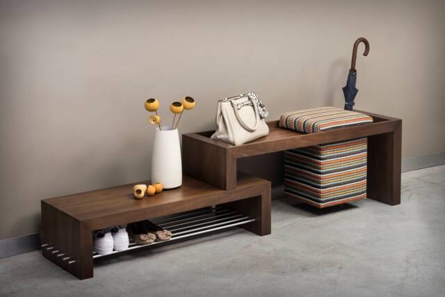 Walnut Entryway Furniture Set Shoe Rack With Pouf - image 1
