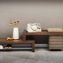 Walnut Entryway Furniture Set Shoe Rack With Pouf - thumbnail 2