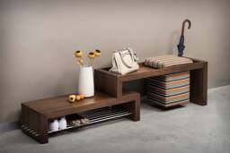 Walnut Entryway Furniture Set Shoe Rack With Pouf