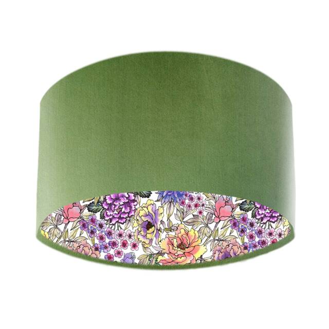 Olive Green Velvet Lampshade, Summer Wildflower Accent - image 1