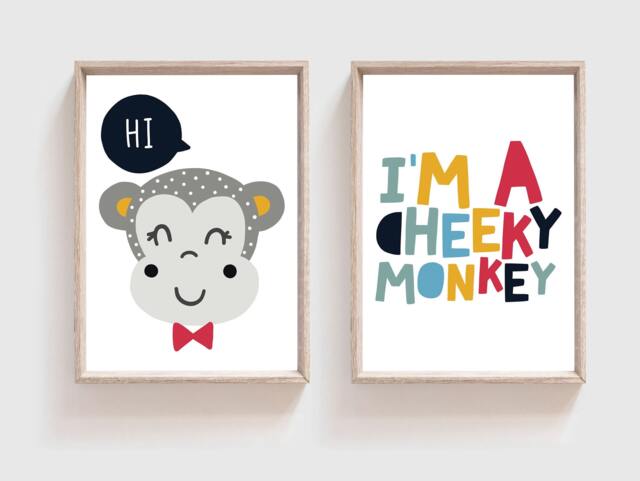Set Of 2 Nursery Prints, Boys Bedroom Decor, Playroom Monkey Print, Wall Art, Prints - image 1