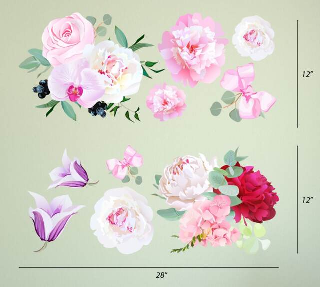 Peony Flowers Seasonal Bouquet Wall Sticker Rose Orchid Burgundy Red White Art Removable Easy To Apply #3030 - image 1