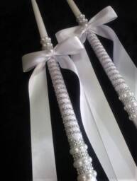 Greek Wedding Candles - Lambathes Orthodox White Silver Ivory Gold Baptism Candle Set Lambades - thumbnail 1