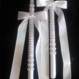 Greek Wedding Candles - Lambathes Orthodox White Silver Ivory Gold Baptism Candle Set Lambades - thumbnail 3