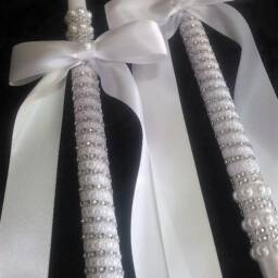 Greek Wedding Candles - Lambathes Orthodox White Silver Ivory Gold Baptism Candle Set Lambades - thumbnail 2