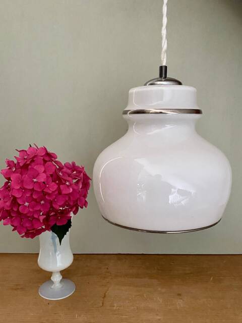 xxl Vintage Globe Pendant Light in White Opaline Glass With Silver Details - image 1