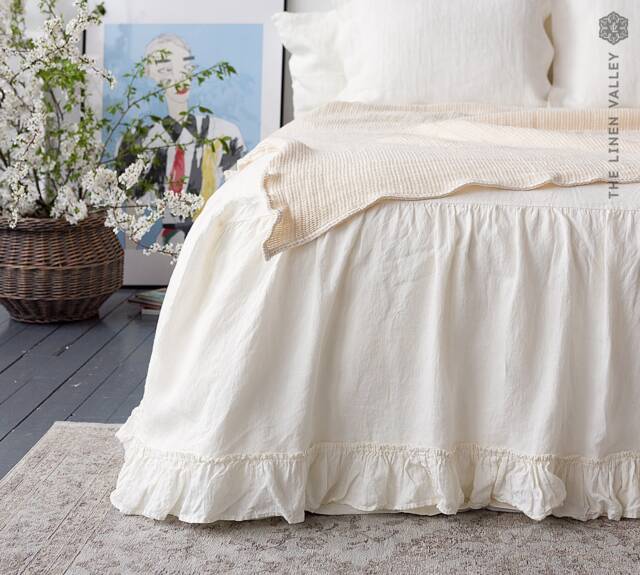 Off White Linen Bed Valance With Ruffles - Softened Dust Ruffle - Vintage Look French Style Skirt - Coverlet - image 1