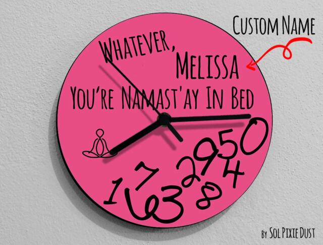 Custom Name Whatever, You're Namast'ay in Bed/Round Pink - Wall Clock - image 1