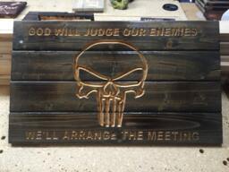 Carved Rustic Punisher Skull Wood Sign. American Hand Made. Wall Art Decor Man Cave Signs - thumbnail 1