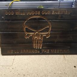 Carved Rustic Punisher Skull Wood Sign. American Hand Made. Wall Art Decor Man Cave Signs - thumbnail 3
