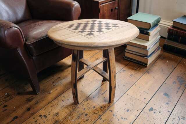 Whisky Barrel Coffee Table With Chess Board Top - Reclaimed Oak Games For Home Bar - image 1