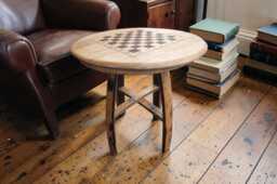 Whisky Barrel Coffee Table With Chess Board Top - Reclaimed Oak Games For Home Bar