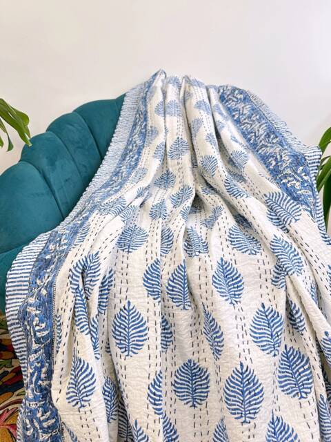 Kantha Stitch Patchwork Pure Cotton Reversible - King Bed Sofa Throw Dohar Floral Elegant Summer Pastel White Blue Fern Leaf Motif - image 1