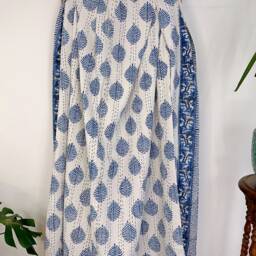 Kantha Stitch Patchwork Pure Cotton Reversible - King Bed Sofa Throw Dohar Floral Elegant Summer Pastel White Blue Fern Leaf Motif - thumbnail 2