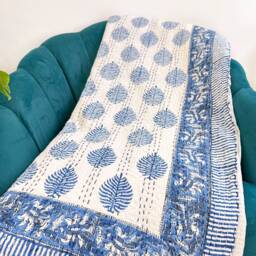Kantha Stitch Patchwork Pure Cotton Reversible - King Bed Sofa Throw Dohar Floral Elegant Summer Pastel White Blue Fern Leaf Motif - thumbnail 3