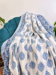 Kantha Stitch Patchwork Pure Cotton Reversible - King Bed Sofa Throw Dohar Floral Elegant Summer Pastel White Blue Fern Leaf Motif - thumbnail 1