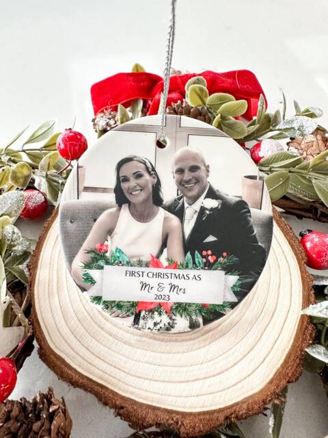 Personalised First Christmas Mr & Mrs Photo Ornament, Wedding Bauble - image 1