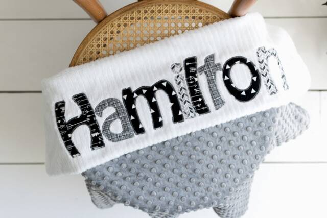 Monogrammed Baby Blanket in Monochrome, Grey Dot Minky & White Chenille, Personalized With Your Boy's First Name Grays Blacks - image 1