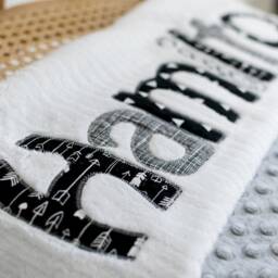 Monogrammed Baby Blanket in Monochrome, Grey Dot Minky & White Chenille, Personalized With Your Boy's First Name Grays Blacks - thumbnail 3