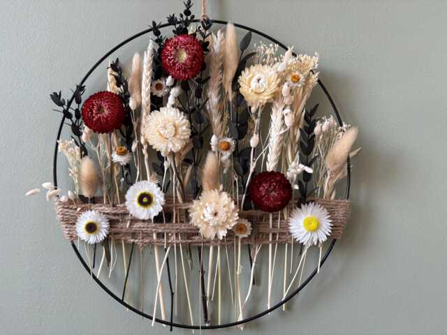 Rustic Boho Wall Decor With Burgundy & White Dried Flowers - Sunflower Accents Handmade Natural Floral Hoop For Cozy Interiors - image 1