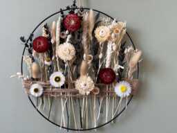 Rustic Boho Wall Decor With Burgundy & White Dried Flowers - Sunflower Accents Handmade Natural Floral Hoop For Cozy Interiors - thumbnail 1