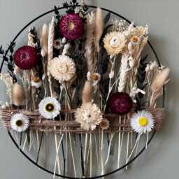 Rustic Boho Wall Decor With Burgundy & White Dried Flowers - Sunflower Accents Handmade Natural Floral Hoop For Cozy Interiors - thumbnail 3