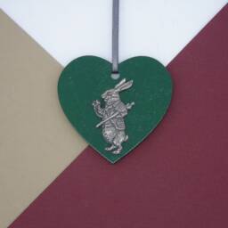 White Rabbit Wooden Heart Decoration - Alice in Wonderland Christmas Bauble Handmade Victorian Book Lover - thumbnail 3