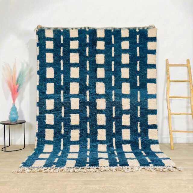 Moroccan Blue Berber Rug, Handwoven Wool Shag Rug With Squares & Dashes, Authentic Beni Ourain Style Carpet, Large 9x12 Area - image 1