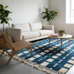 Moroccan Blue Berber Rug, Handwoven Wool Shag Rug With Squares & Dashes, Authentic Beni Ourain Style Carpet, Large 9x12 Area - thumbnail 4