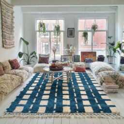 Moroccan Blue Berber Rug, Handwoven Wool Shag Rug With Squares & Dashes, Authentic Beni Ourain Style Carpet, Large 9x12 Area - thumbnail 3
