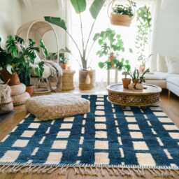 Moroccan Blue Berber Rug, Handwoven Wool Shag Rug With Squares & Dashes, Authentic Beni Ourain Style Carpet, Large 9x12 Area - thumbnail 2
