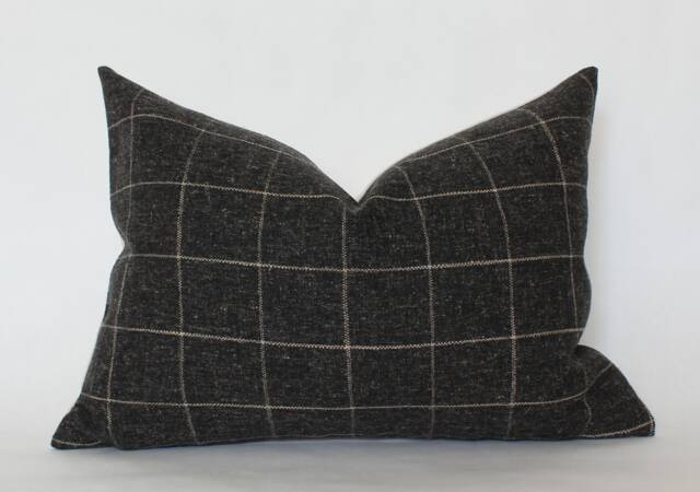 Charcoal Lumbar Pillow, Windowpane Pillow Cover, Black Dark Grey Gray Plaid - - image 1