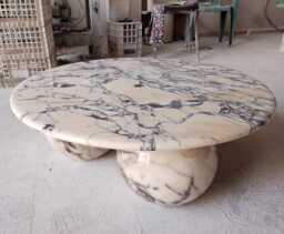 Modern Calacatta Viola Marble Round Coffee Table With Sphere Legs, Handcrafted Stone Furniture Ball Legs - thumbnail 1